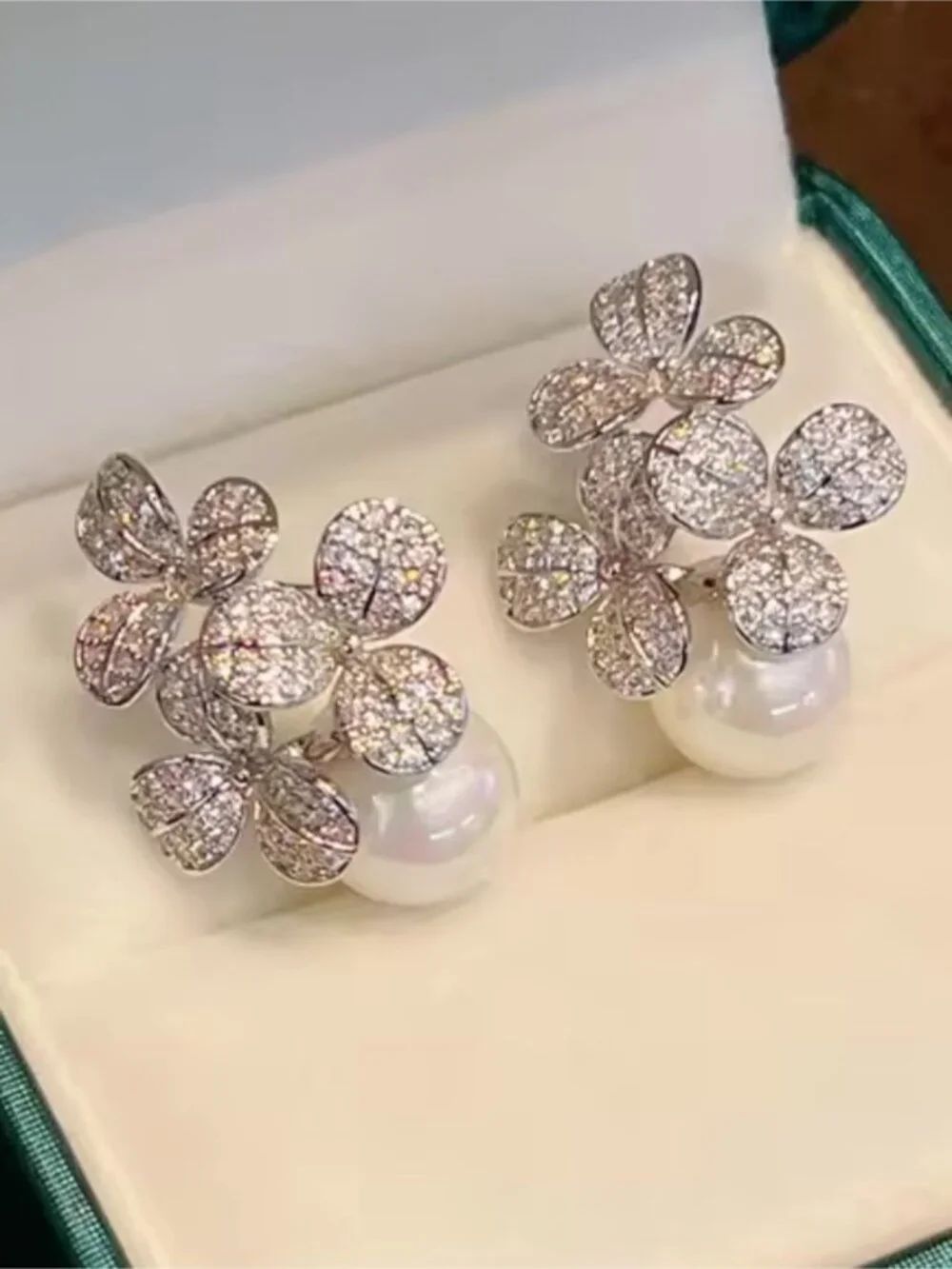 Pearl Drop Floral Crystal Stud Earrings - Women Jewelry
